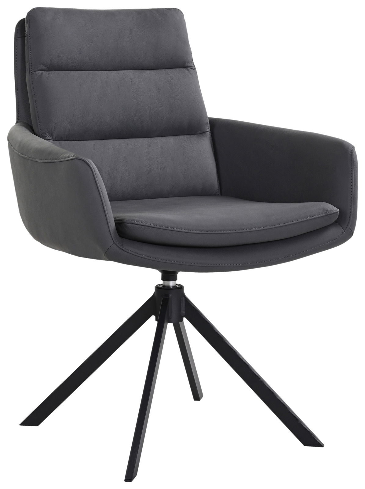 Dieter Knoll Sessel EVEREST Moderner grauer Sessel mit gepolsterter Rückenlehne und Armlehnen, auf einem schwarzen Metallgestell, seitliche Perspektive.