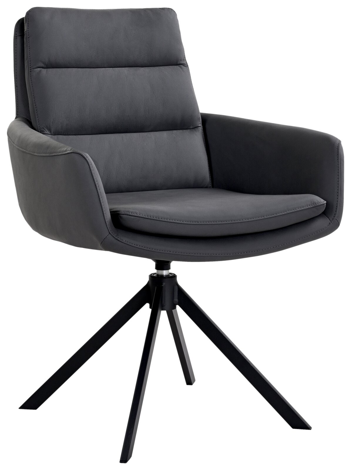 Dieter Knoll Sessel EVEREST Moderner grauer Sessel mit gepolsterter Rückenlehne und Armlehnen, auf einem schwarzen Metallgestell, seitliche Perspektive.