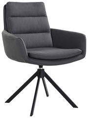 Moderner grauer Sessel mit gepolsterter Rückenlehne und Armlehnen, auf einem schwarzen Metallgestell, seitliche Perspektive.