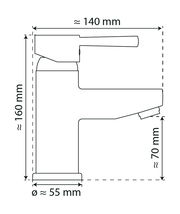 Technische Zeichnung einer Waschtischarmatur in Seitenansicht mit Maßen: Höhe ca. 160 mm, Breite ca. 140 mm, Durchmesser ca. 55 mm, Auslaufhöhe ca. 70 mm.