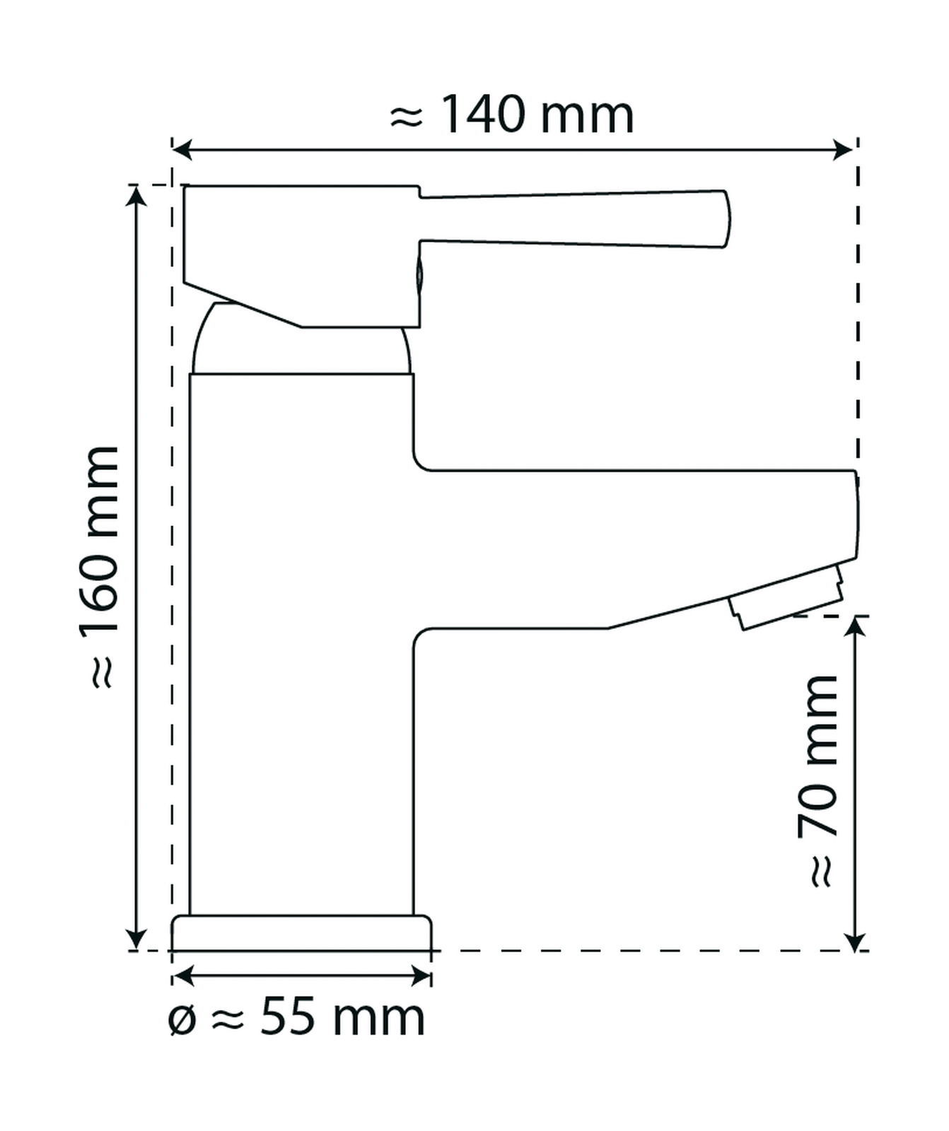 Technische Zeichnung einer Waschtischarmatur in Seitenansicht mit Maßen: Höhe ca. 160 mm, Breite ca. 140 mm, Durchmesser ca. 55 mm, Auslaufhöhe ca. 70 mm.