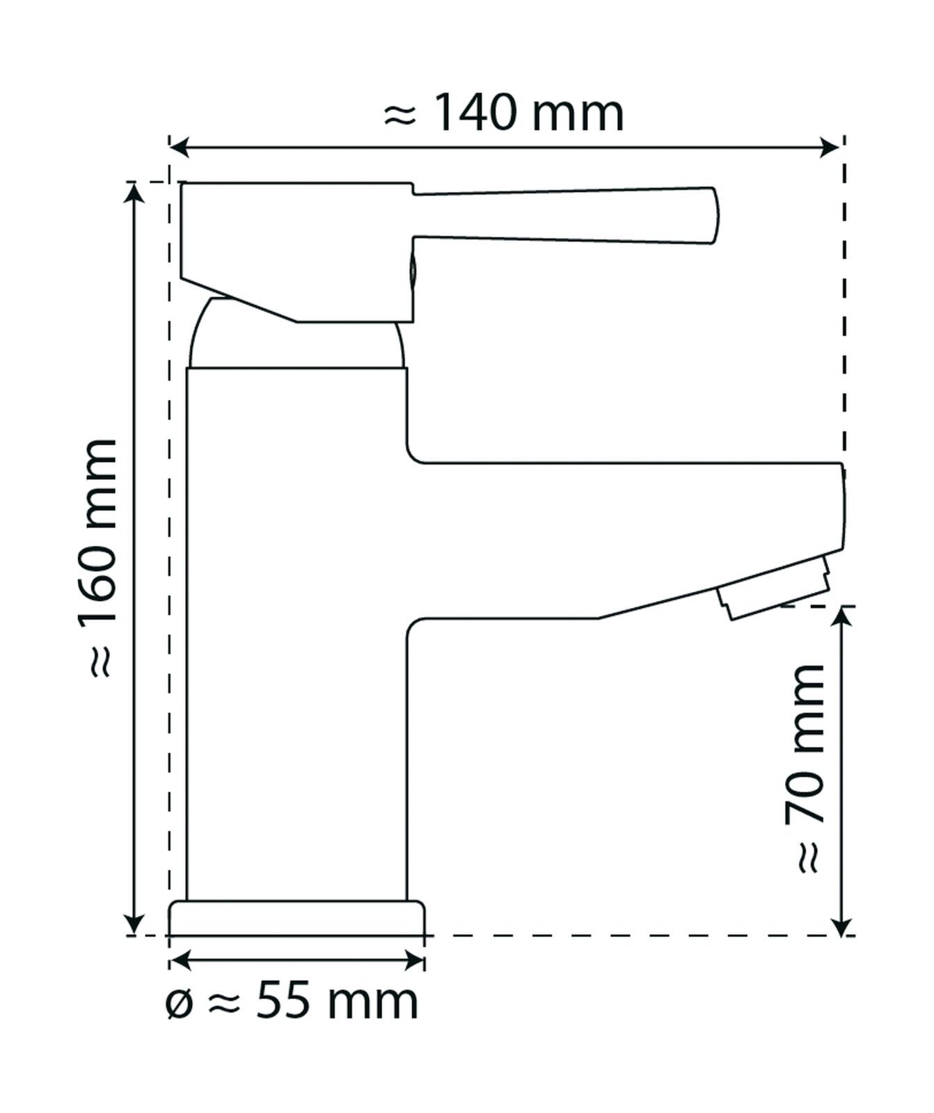 Technische tekening van een wastafelkraan in zijaanzicht met afmetingen: hoogte ca. 160 mm, breedte ca. 140 mm, diameter ca. 55 mm, uitloophoogte ca. 70 mm.