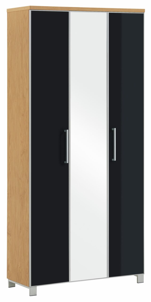 XL-Dielenschrank mit Holzoptik und schwarzen Türen, Frontalansicht