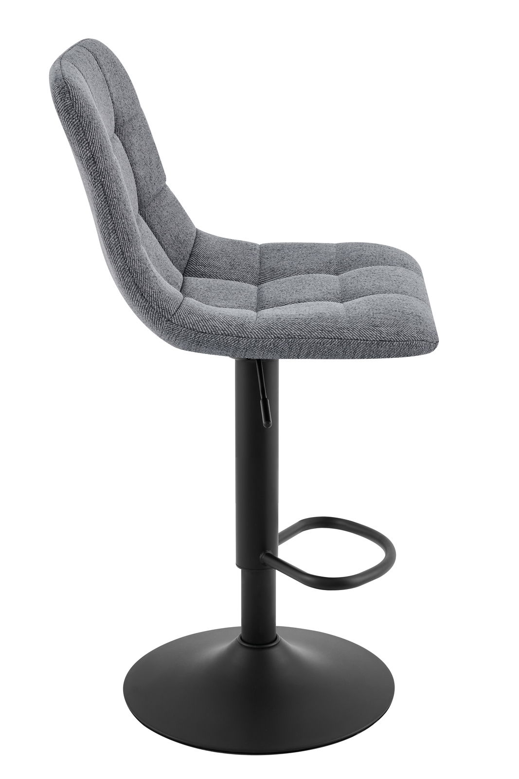 Grauer Barhocker mit gepolsterter Sitzfläche und Rückenlehne, seitliche Perspektive
