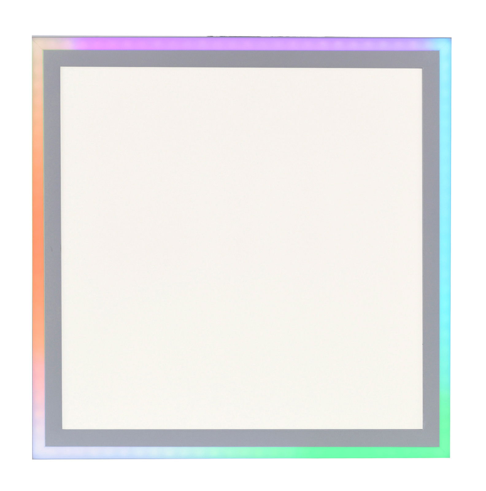 Quadratische Deckenleuchte mit farbigem LED-Rand, Ansicht von vorne