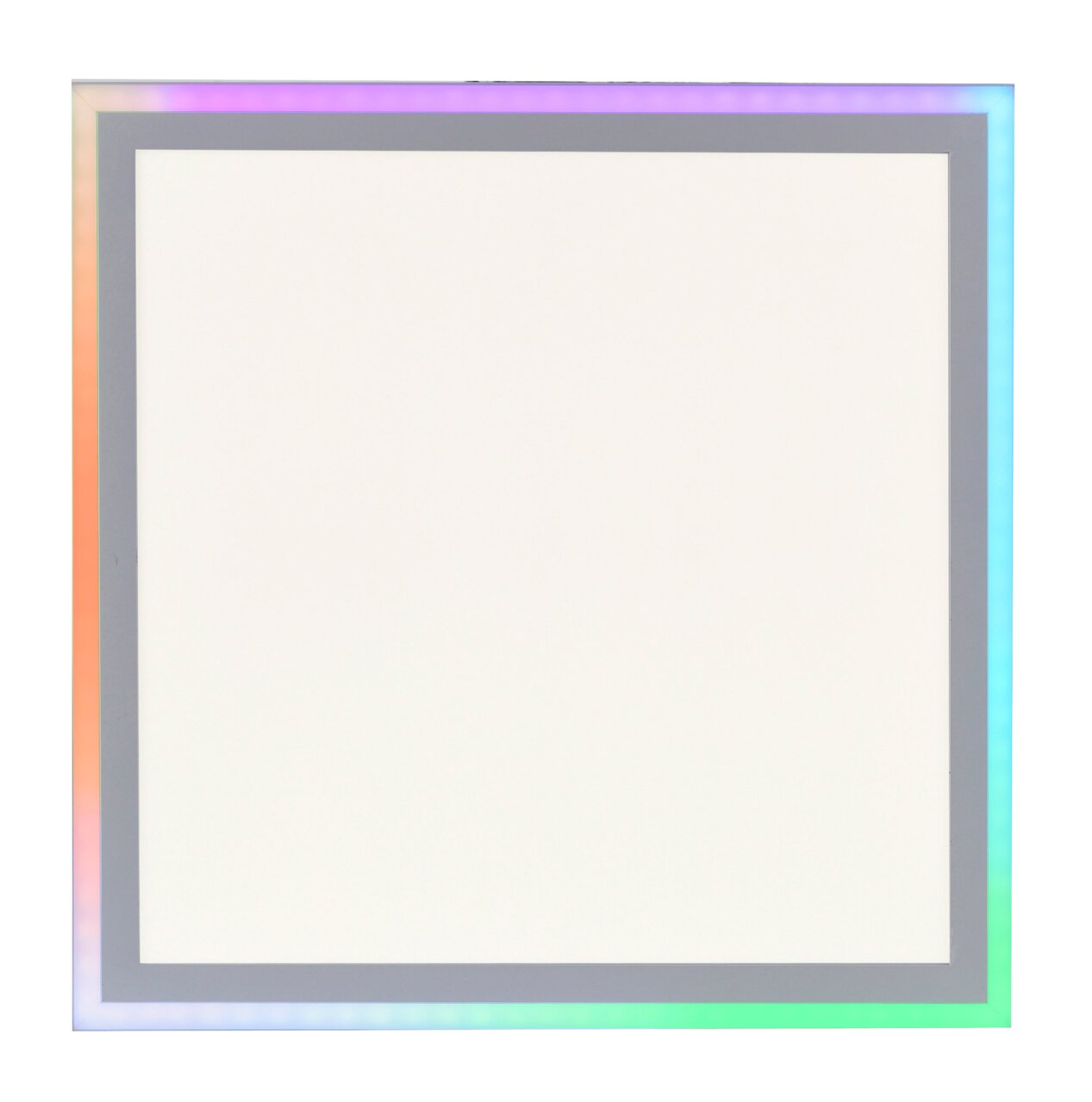 Quadratische Deckenleuchte mit farbigem LED-Rand, Ansicht von vorne