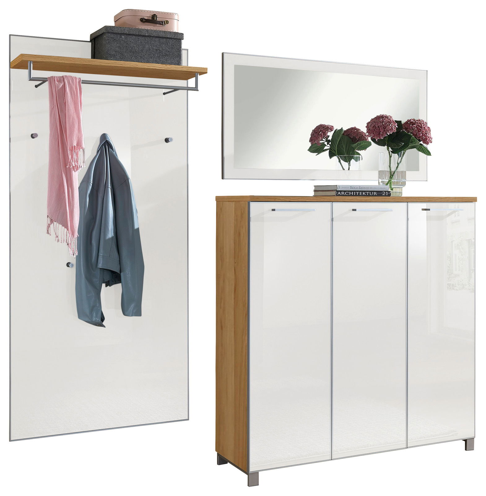 VOSS Garderoben-Set 3-tlg. SANTINA Garderoben-Set 3-tlg. mit Wandpaneel, Spiegel und Kommode in Holzoptik und Weiß, seitliche Perspektive