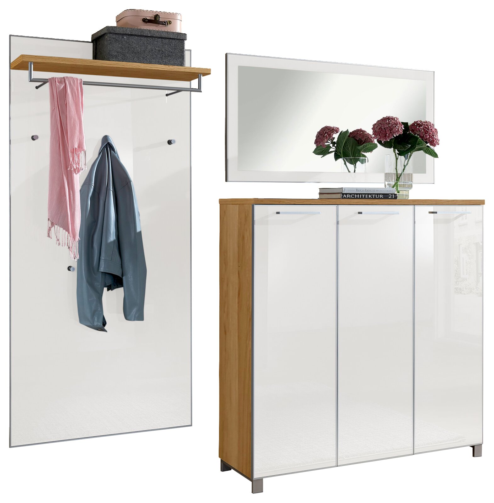 VOSS Garderoben-Set 3-tlg. SANTINA Garderoben-Set 3-tlg. mit Wandpaneel, Spiegel und Kommode in Holzoptik und Weiß, seitliche Perspektive