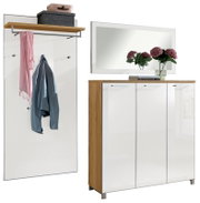 Garderoben-Set 3-tlg. mit Wandpaneel, Spiegel und Kommode in Holzoptik und Weiß, seitliche Perspektive