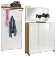 Garderoben-Set 3-tlg. mit Wandpaneel, Spiegel und Kommode in Holzoptik und Weiß, seitliche Perspektive