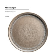 Runder Keramik-Speiseteller in Beige mit gesprenkelter Glasur und dunklem Rand, Durchmesser 26 cm, Ansicht von oben (Draufsicht)