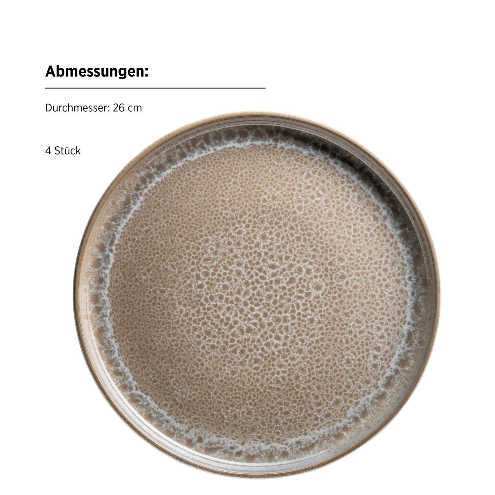 Runder Keramik-Speiseteller in Beige mit gesprenkelter Glasur und dunklem Rand, Durchmesser 26 cm, Ansicht von oben (Draufsicht)