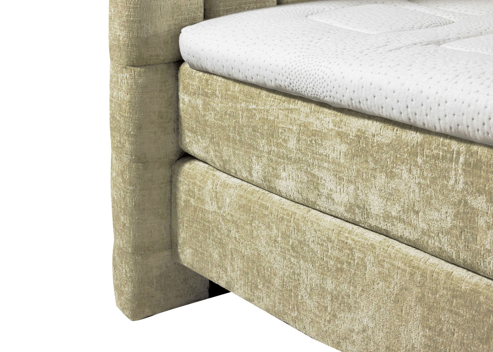 Nahaufnahme eines Boxspringbetts 180x200 mit beigem Stoffbezug und weißer Matratze, seitliche Perspektive