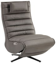 Graue Relaxliege mit gepolstertem Kopfteil und seitlichem Bedienfeld, seitliche Perspektive