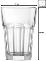 Frontale Ansicht eines klaren Longdrinkglases mit einem Fassungsvermögen von 420 ml und einer Höhe von 13 cm.