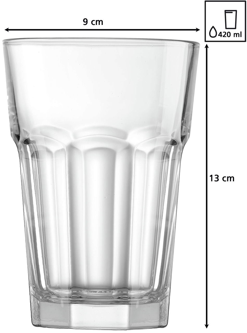 Frontale Ansicht eines klaren Longdrinkglases mit einem Fassungsvermögen von 420 ml und einer Höhe von 13 cm.