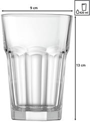 Frontale Ansicht eines klaren Longdrinkglases mit einem Fassungsvermögen von 420 ml und einer Höhe von 13 cm.