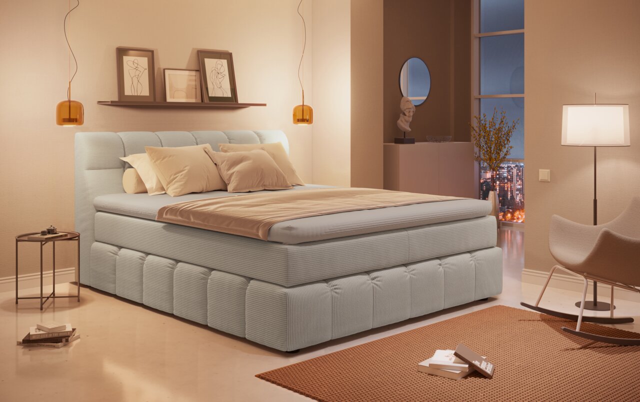 Z2 Boxspringbett DOWNTOWN Boxspringbett in einem stilvoll eingerichteten Schlafzimmer, seitliche Perspektive
