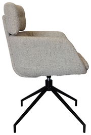 Seitenansicht eines grauen Armlehnstuhls mit schwarzem Metallgestell und gepolsterter Rückenlehne.