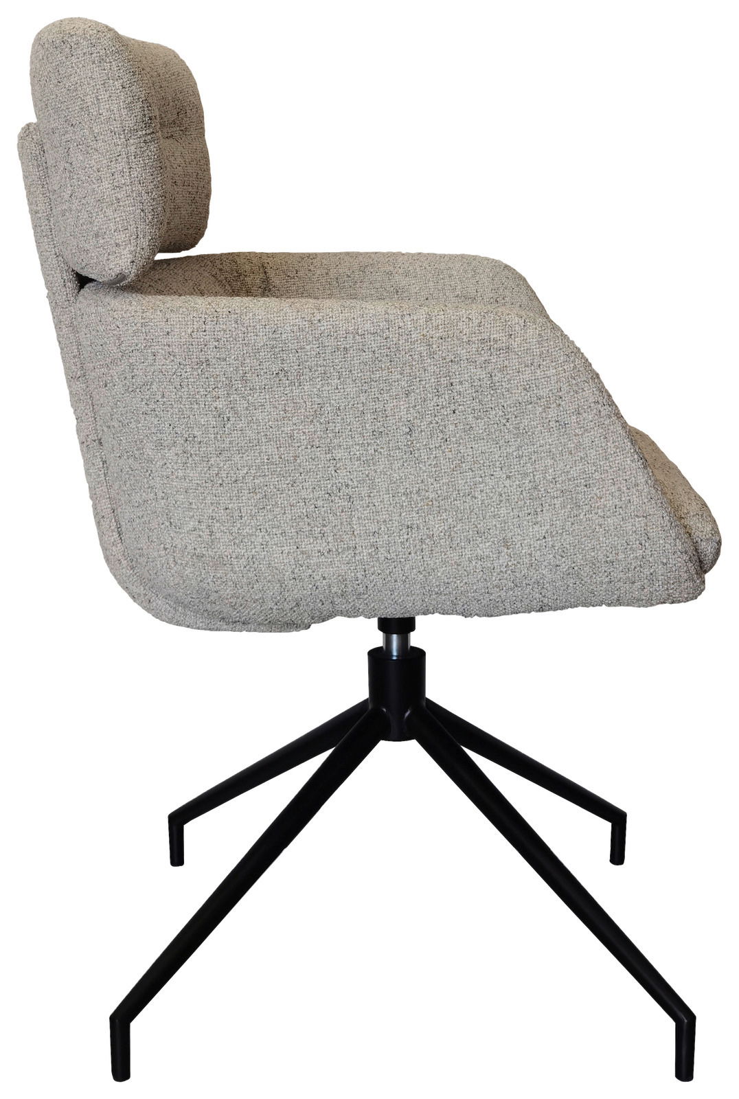 Seitenansicht eines grauen Armlehnstuhls mit schwarzem Metallgestell und gepolsterter Rückenlehne.