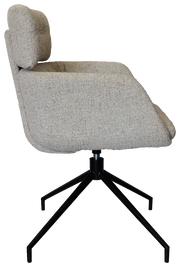 Seitenansicht eines grauen Armlehnstuhls mit schwarzem Metallgestell und gepolsterter Rückenlehne.