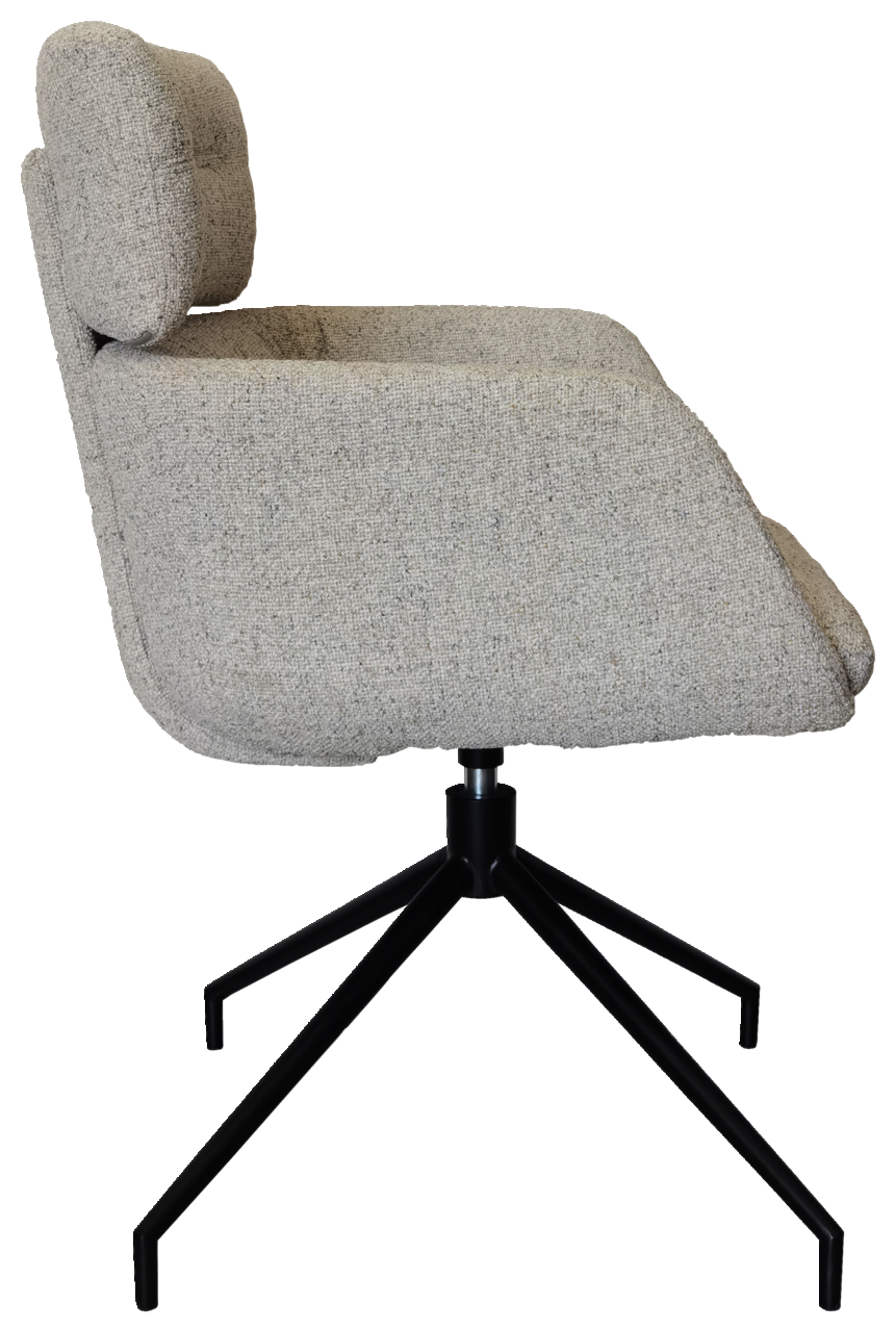 Seitenansicht eines grauen Armlehnstuhls mit schwarzem Metallgestell und gepolsterter Rückenlehne.