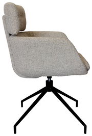 Seitenansicht eines grauen Armlehnstuhls mit schwarzem Metallgestell und gepolsterter Rückenlehne.