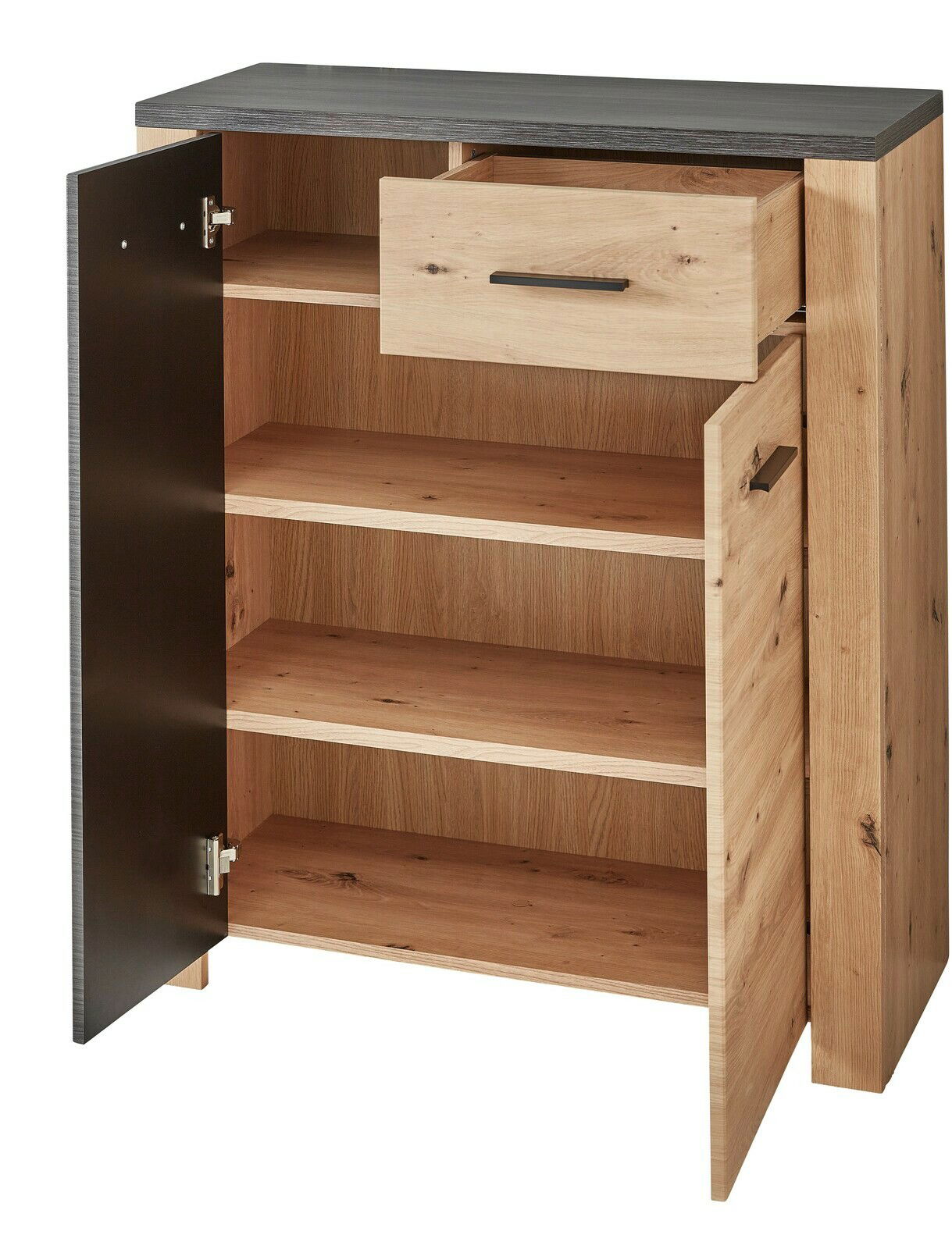 Schuhschrank aus Holz mit geöffneter Tür und Schublade, seitliche Perspektive