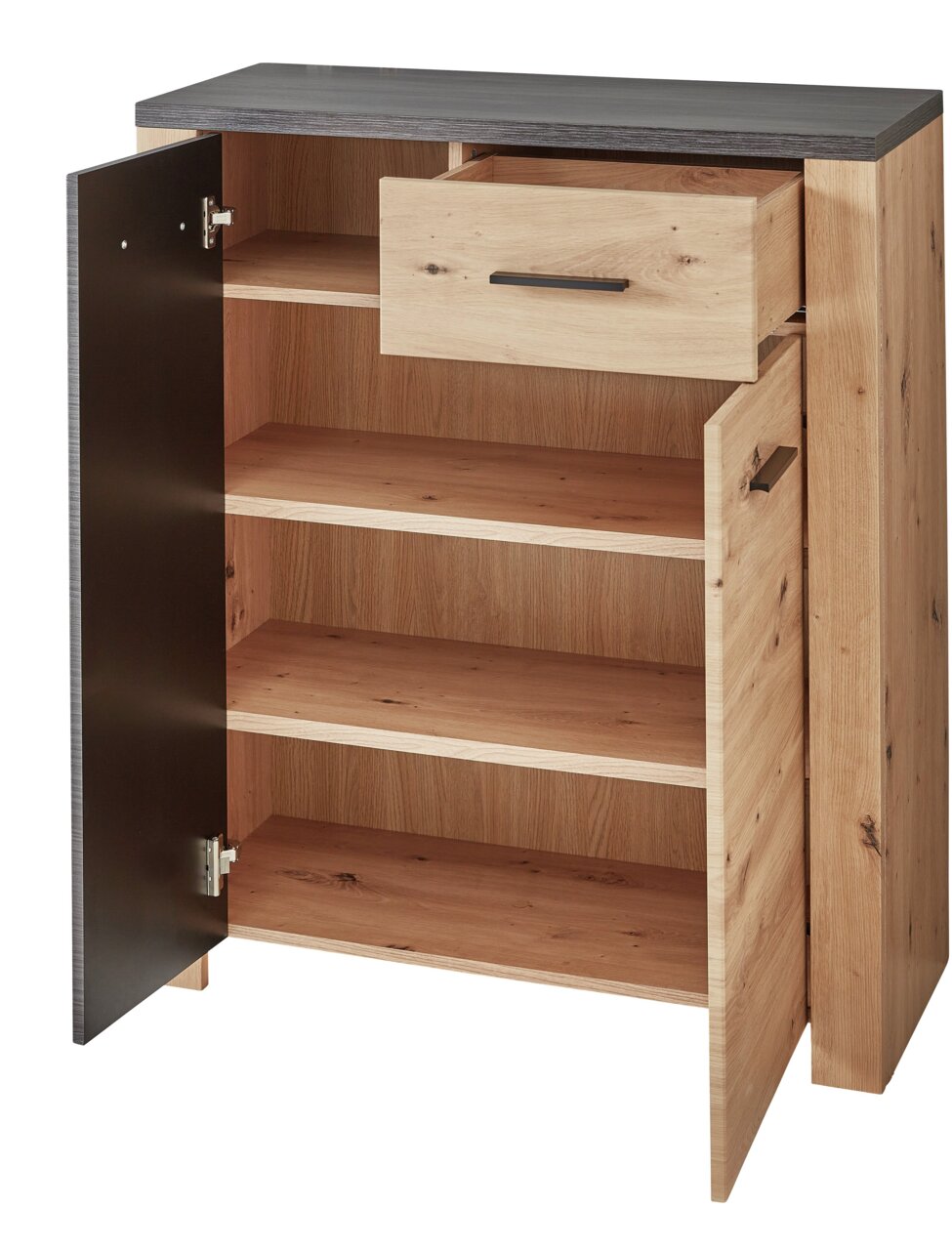 Schuhschrank aus Holz mit geöffneter Tür und Schublade, seitliche Perspektive