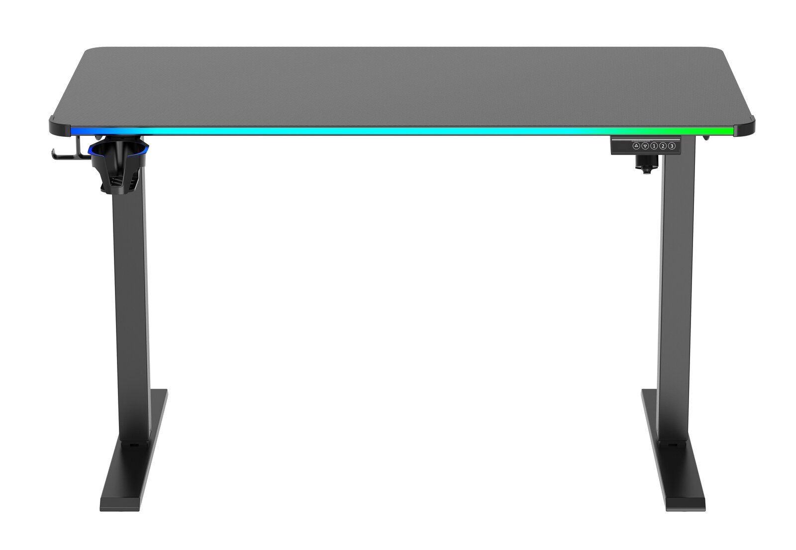 Moderner E-Gaming Tisch mit LED-Beleuchtung, frontal betrachtet.