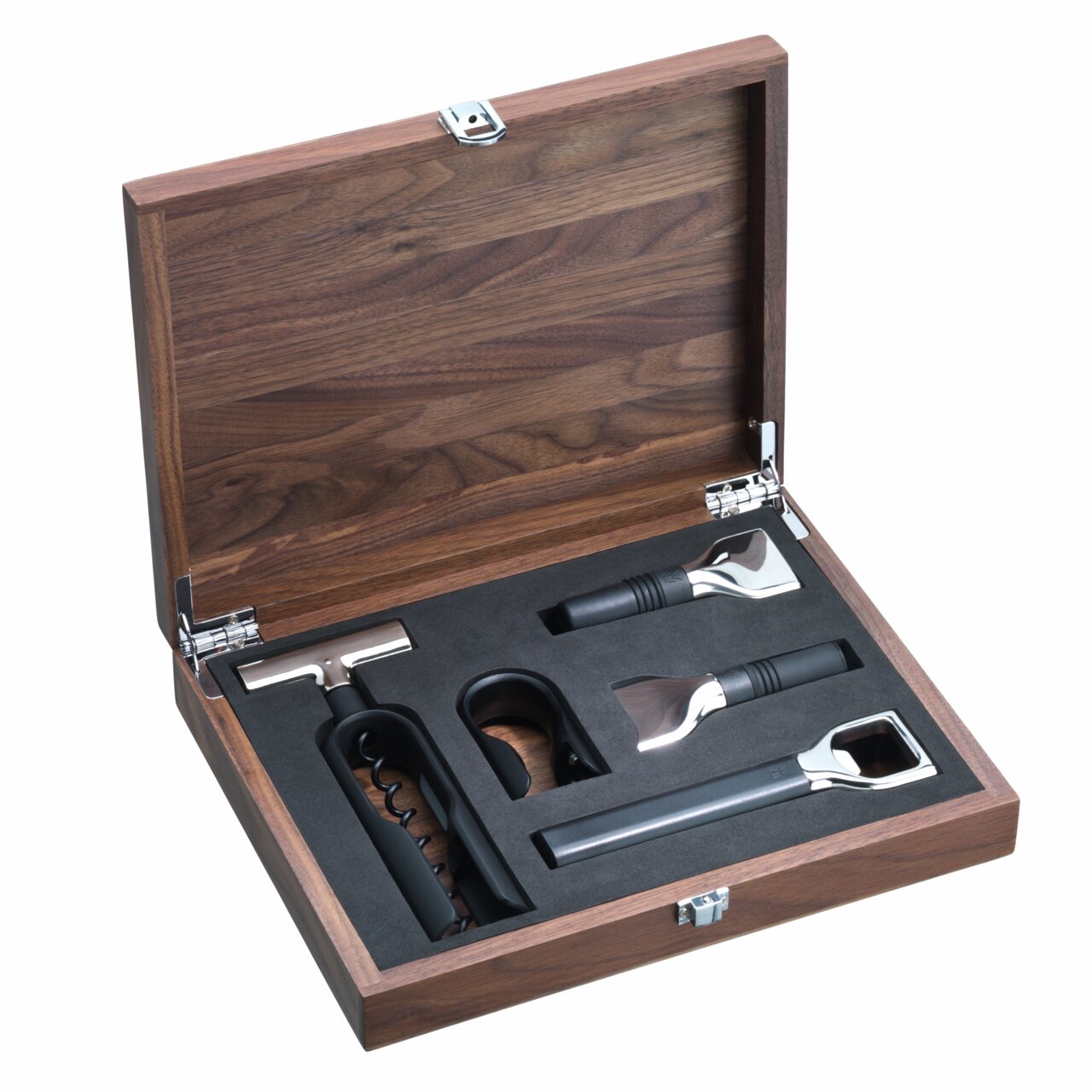 Offenes Sommelier-Set Baric 5-tlg. in edler Holzbox, Ansicht von oben, mit verschiedenen Weinwerkzeugen wie Korkenzieher und Flaschenöffner.