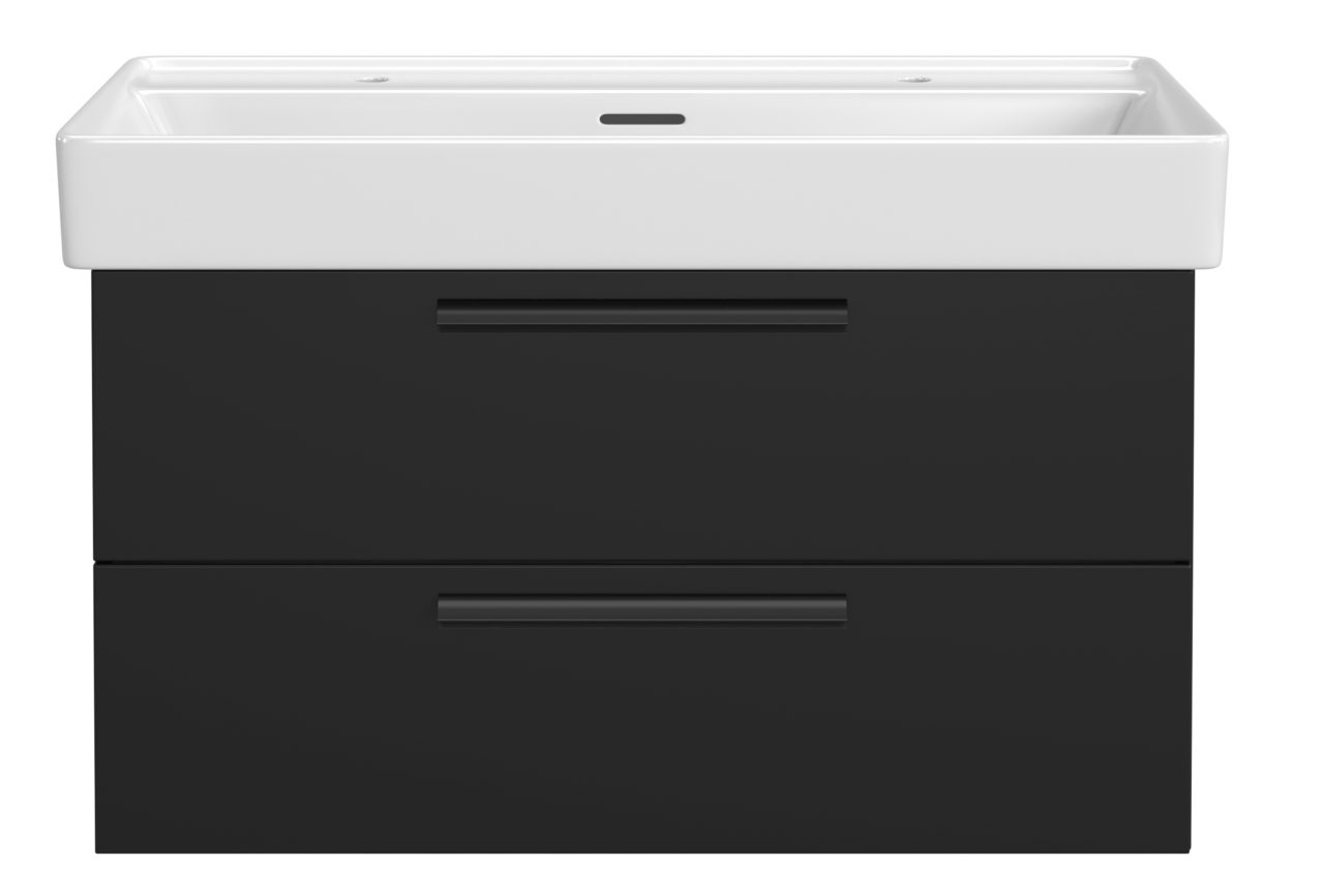 XORA Waschtisch-Set für 2 Armaturen VANNES Frontansicht eines modernen Waschtisch-Sets mit zwei Schubladen in Schwarz und einem weißen Waschbecken, geeignet für zwei Armaturen.