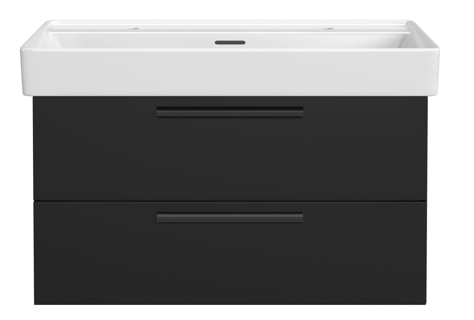 XORA Waschtisch-Set für 2 Armaturen VANNES Frontansicht eines modernen Waschtisch-Sets mit zwei Schubladen in Schwarz und einem weißen Waschbecken, geeignet für zwei Armaturen.