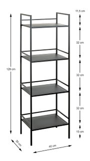 Schmales schwarzes Metall-Standregal mit 4 Ablagen, Maße ca. 128 x 40 x 30 cm, Freisteller in leichter Schrägansicht von vorne links mit eingezeichneten Abständen
