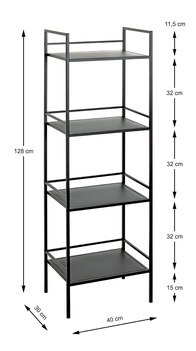 Schmales schwarzes Metall-Standregal mit 4 Ablagen, Maße ca. 128 x 40 x 30 cm, Freisteller in leichter Schrägansicht von vorne links mit eingezeichneten Abständen