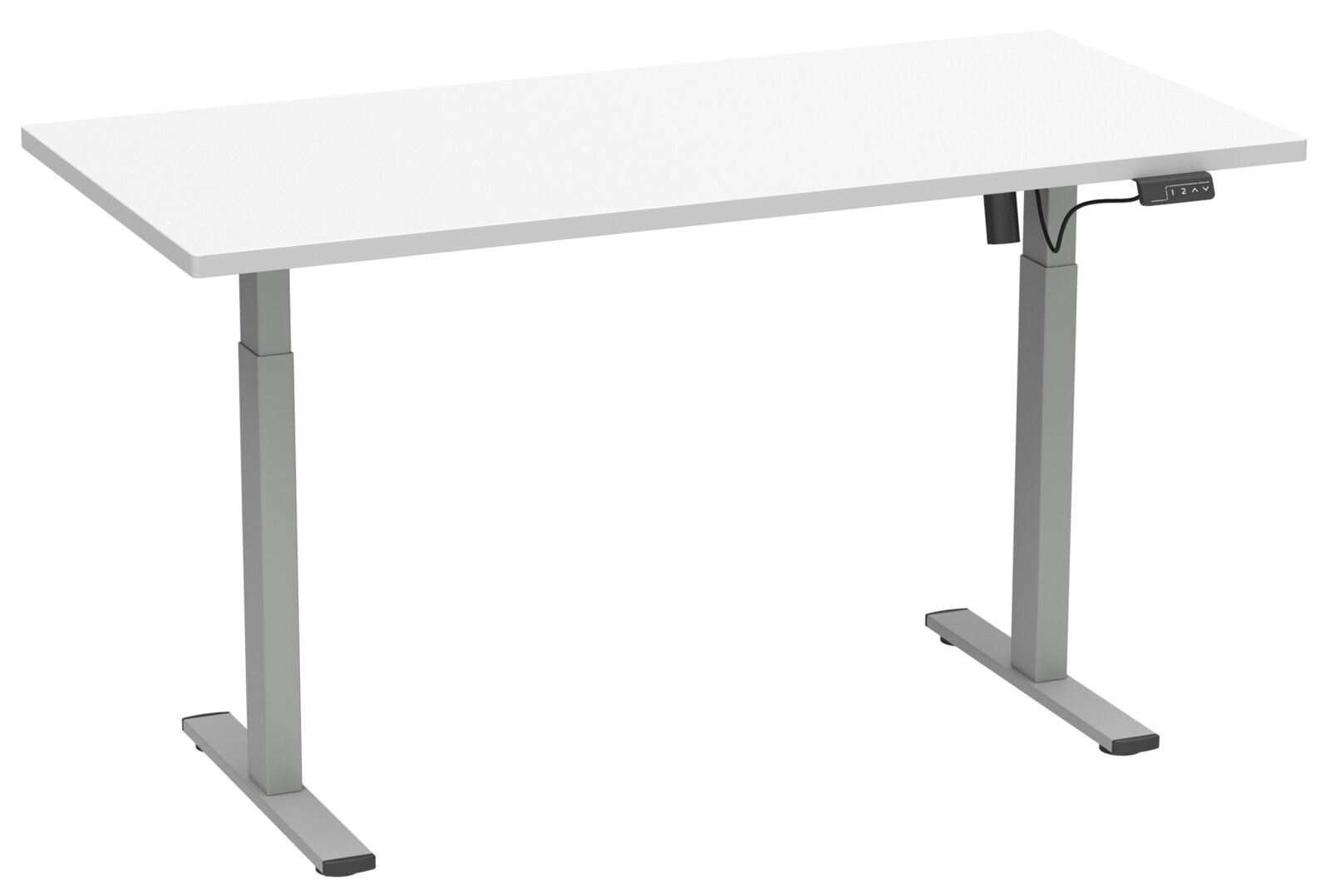 Elektrisch höhenverstellbarer Schreibtisch mit weißer Tischplatte und grauem Metallgestell, seitliche Bediensteuerung sichtbar, Ansicht schräg von vorne.
