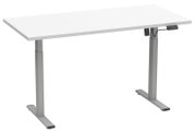 Elektrisch höhenverstellbarer Schreibtisch mit weißer Tischplatte und grauem Metallgestell, seitliche Bediensteuerung sichtbar, Ansicht schräg von vorne.