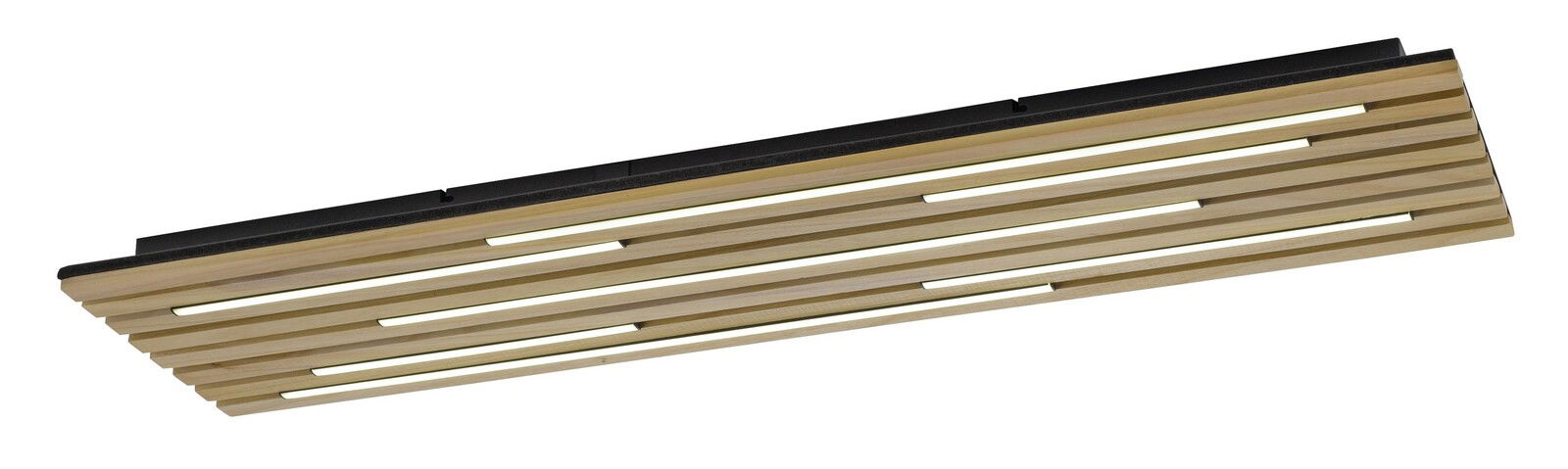 Moderne LED-Deckenleuchte aus Holz mit horizontalen Streifen, seitliche Perspektive