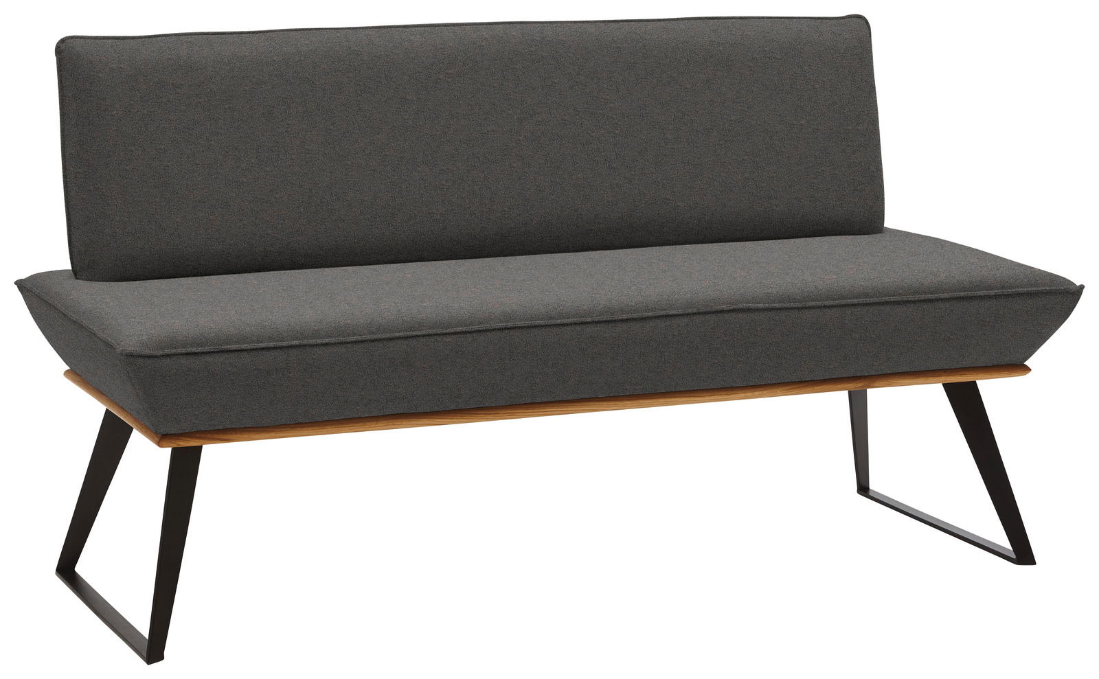 Graue Bank mit schwarzem Metallgestell, seitliche Perspektive