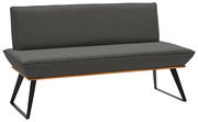 Graue Bank mit schwarzem Metallgestell, seitliche Perspektive