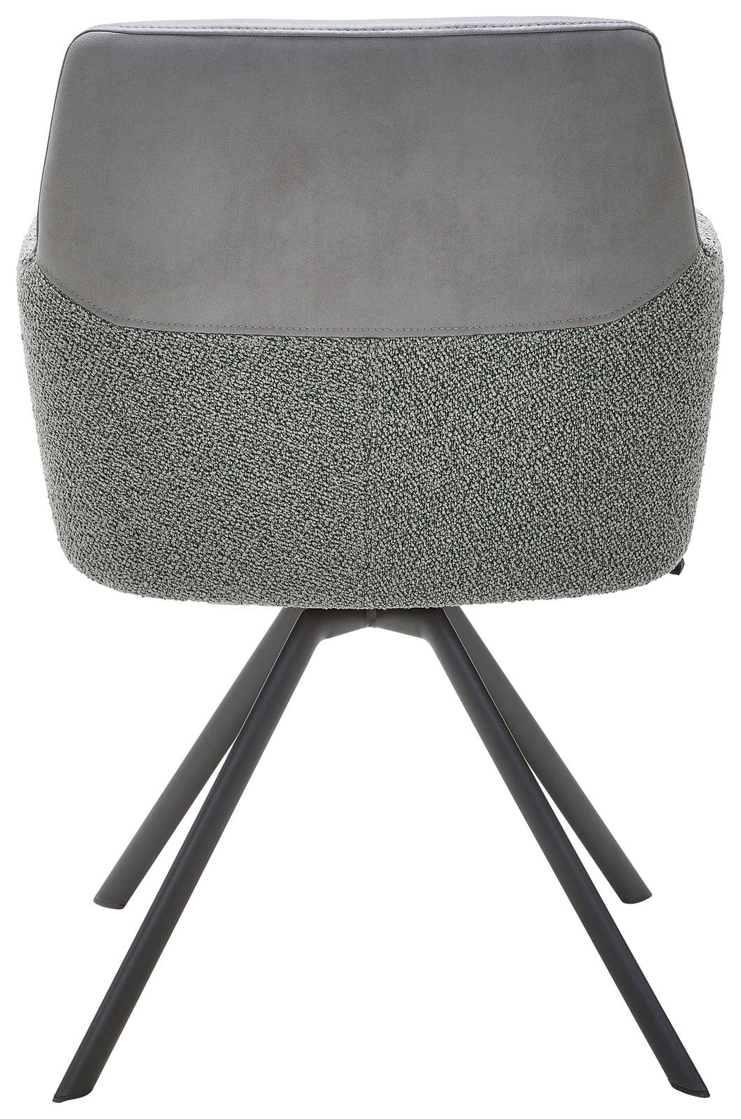 Rückansicht eines modernen Sessels mit grauem Stoffbezug und schwarzen Metallbeinen.