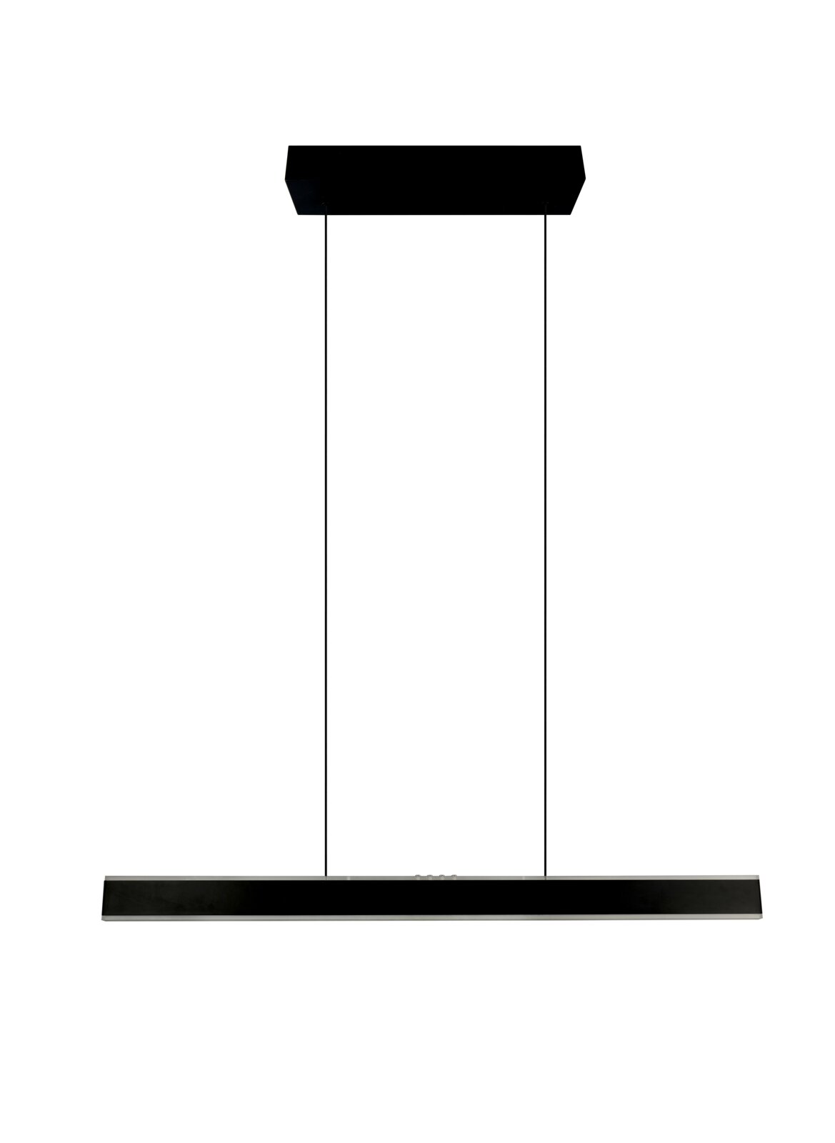 Schwarze, minimalistische LED-Pendelleuchte mit langem, rechteckigem Lichtbalken und zwei Aufhängeseilen, frontal von vorn auf weißem Hintergrund gezeigt