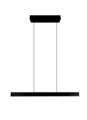Schwarze, minimalistische LED-Pendelleuchte mit langem, rechteckigem Lichtbalken und zwei Aufhängeseilen, frontal von vorn auf weißem Hintergrund gezeigt