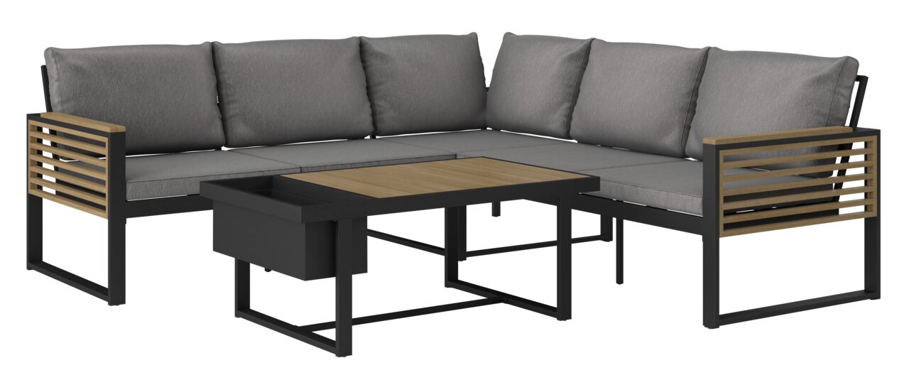 Ambia Garden Lounge-Set SQUARE Lounge-Set mit grauen Kissen und einem Tisch mit Holzplatte, seitliche Perspektive