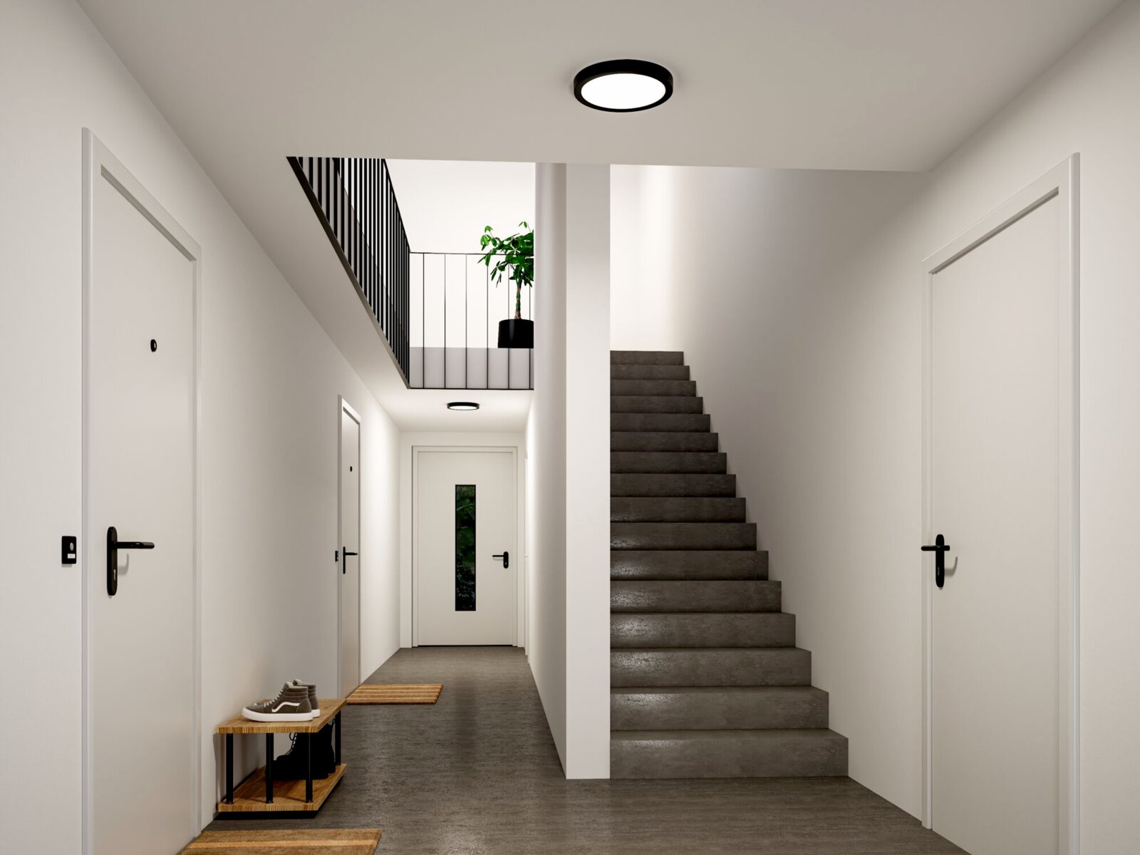 Moderner, heller Flur mit runder schwarzer Deckenleuchte, grauer Treppe rechts und weißen Türen, perspektivisch aus der Frontansicht mit Blick in den Gang nach hinten