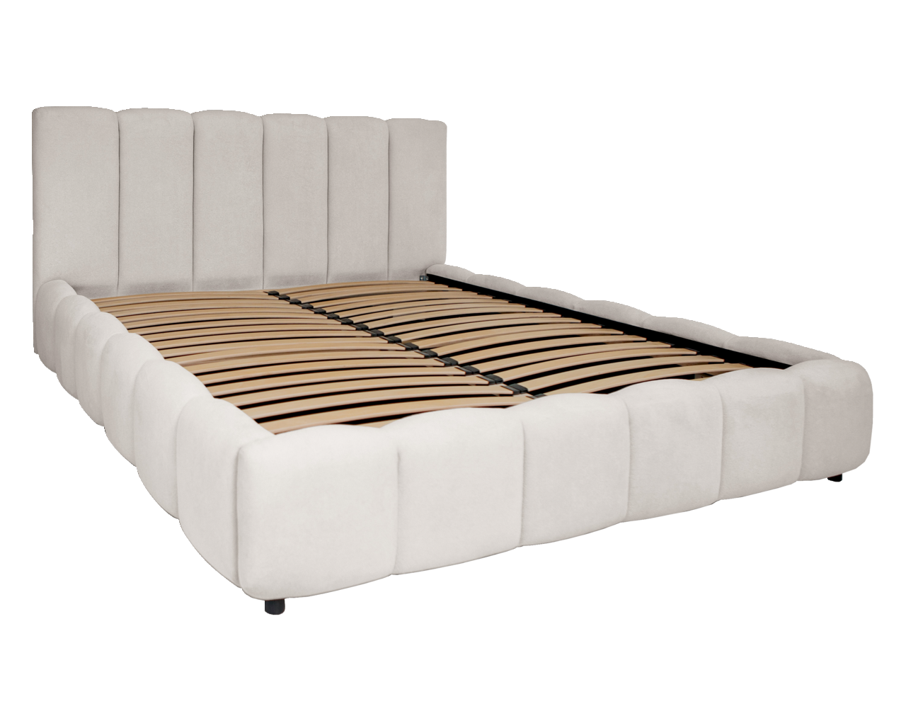 Alberto Martinelli Polsterbettgestell LARINO Polsterbettgestell LARINO von Alberto Martinelli in seitlicher Perspektive, mit gepolstertem Kopfteil und Lattenrost.