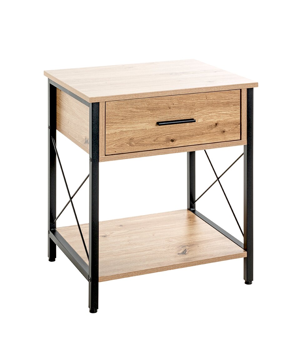 Nachttisch/Beistelltisch im Industrial-Design mit Holzoptik, schwarzem Metallgestell, einer Schublade und Ablageboden, freigestellt vor weißem Hintergrund, Ansicht schräg von vorne
