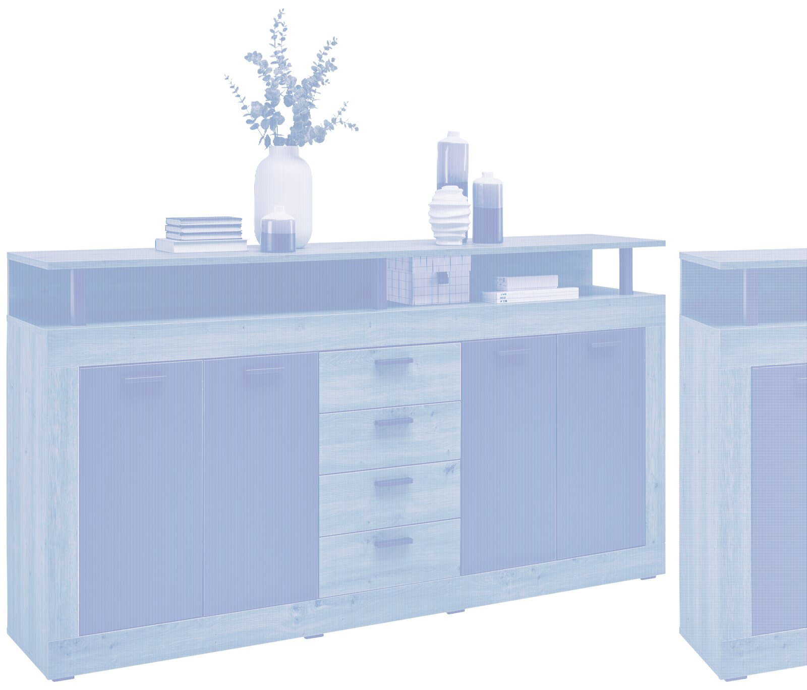 XL-Sideboard MILA aus Holz mit schwarzen Türen und Schubladen, dekoriert mit Vasen und Büchern, seitliche Perspektive