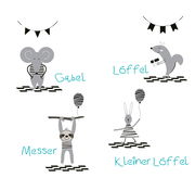 Kinderbesteck PARTY 4-tlg. mit Tiermotiven: Elefant, Eichhörnchen, Faultier und Hase, aus der Vogelperspektive.