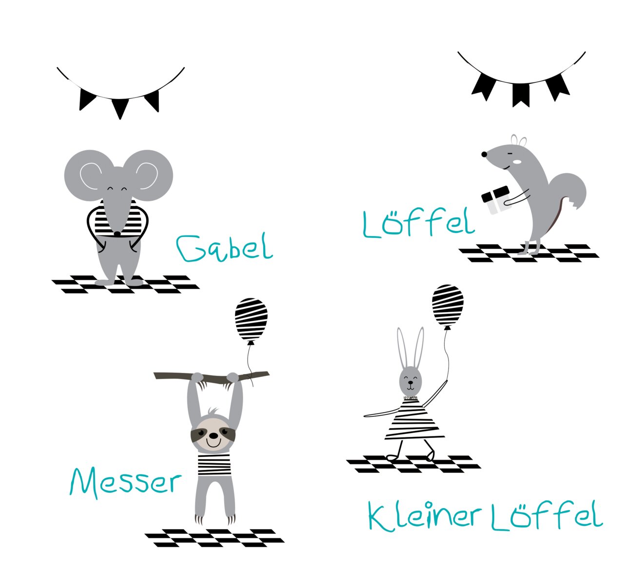 Kinderbesteck PARTY 4-tlg. mit Tiermotiven: Elefant, Eichhörnchen, Faultier und Hase, aus der Vogelperspektive.